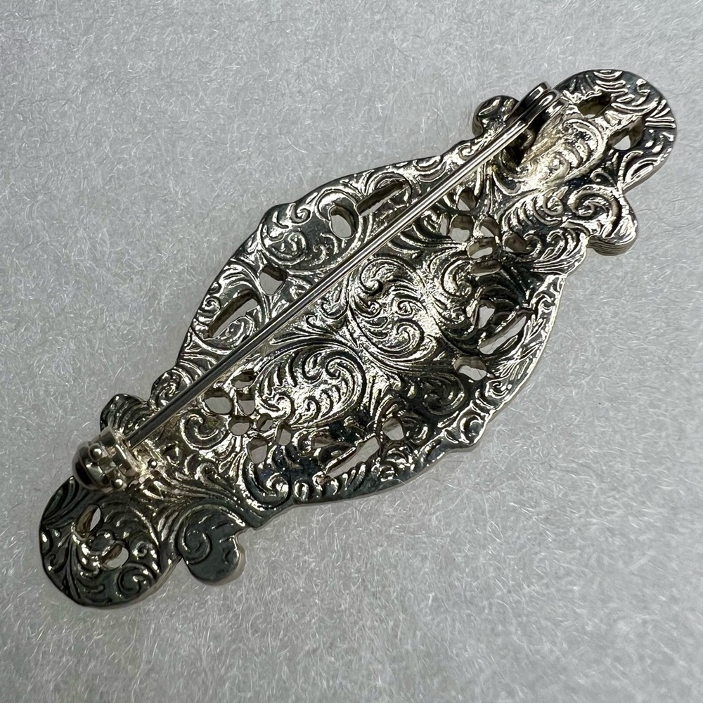 Vintage Onyx Red Glass & Marcasite Silver Tone Brooch 2 ½” - Picture 7 of 11